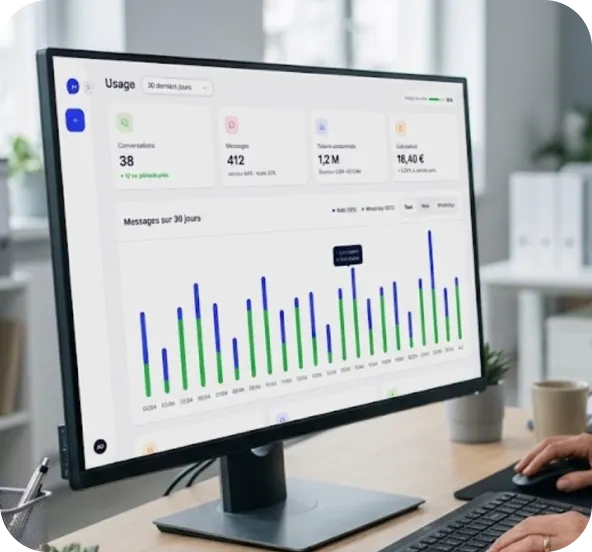 Tableau de bord d'usage Mahiyan : conversations, messages et canaux