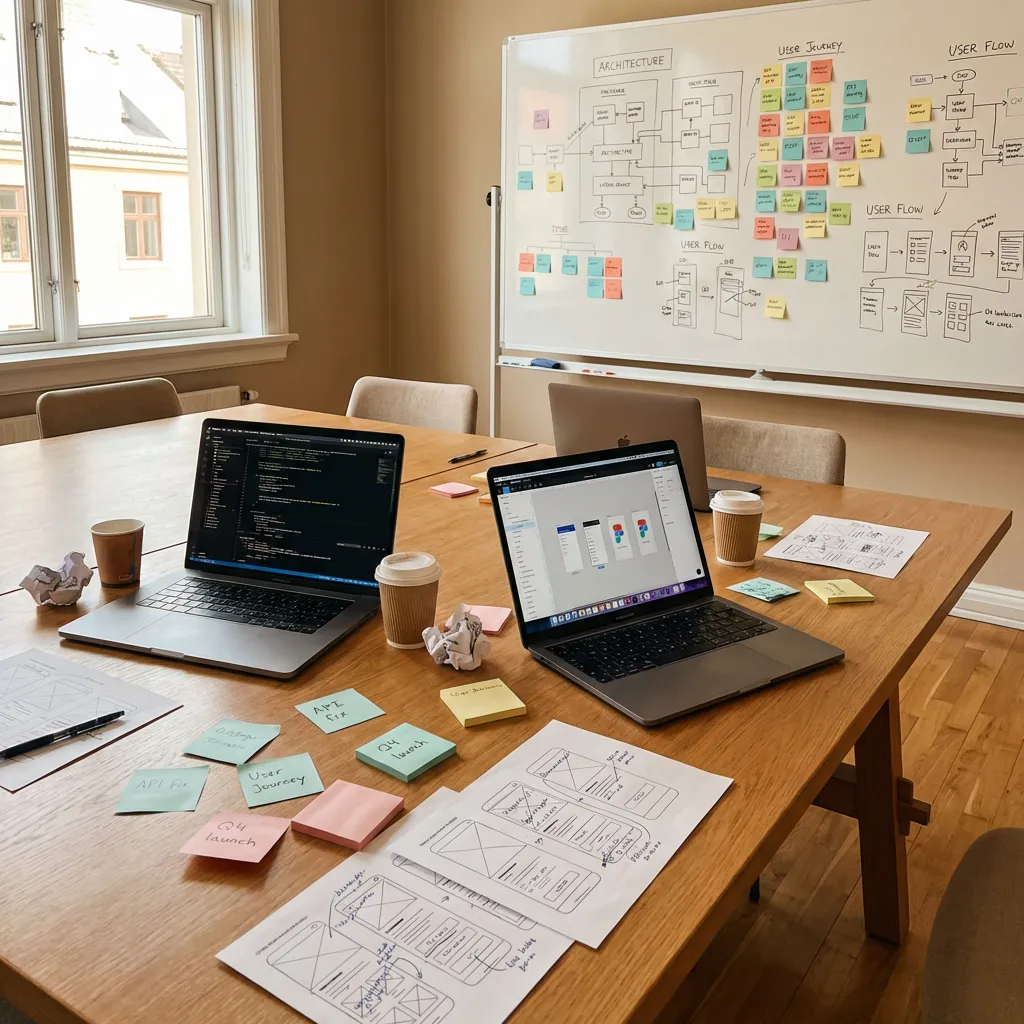 Session de travail — code, maquettes et architecture sur la table